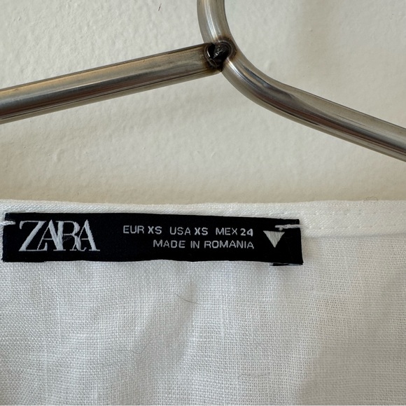 Zara Womens Sz XS White 100% Linen Drape Long Sleeve Deep V Neck Crop Top - Picture 7 of 7